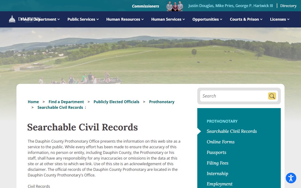 Dauphin County Prothonotary searchable civil records page