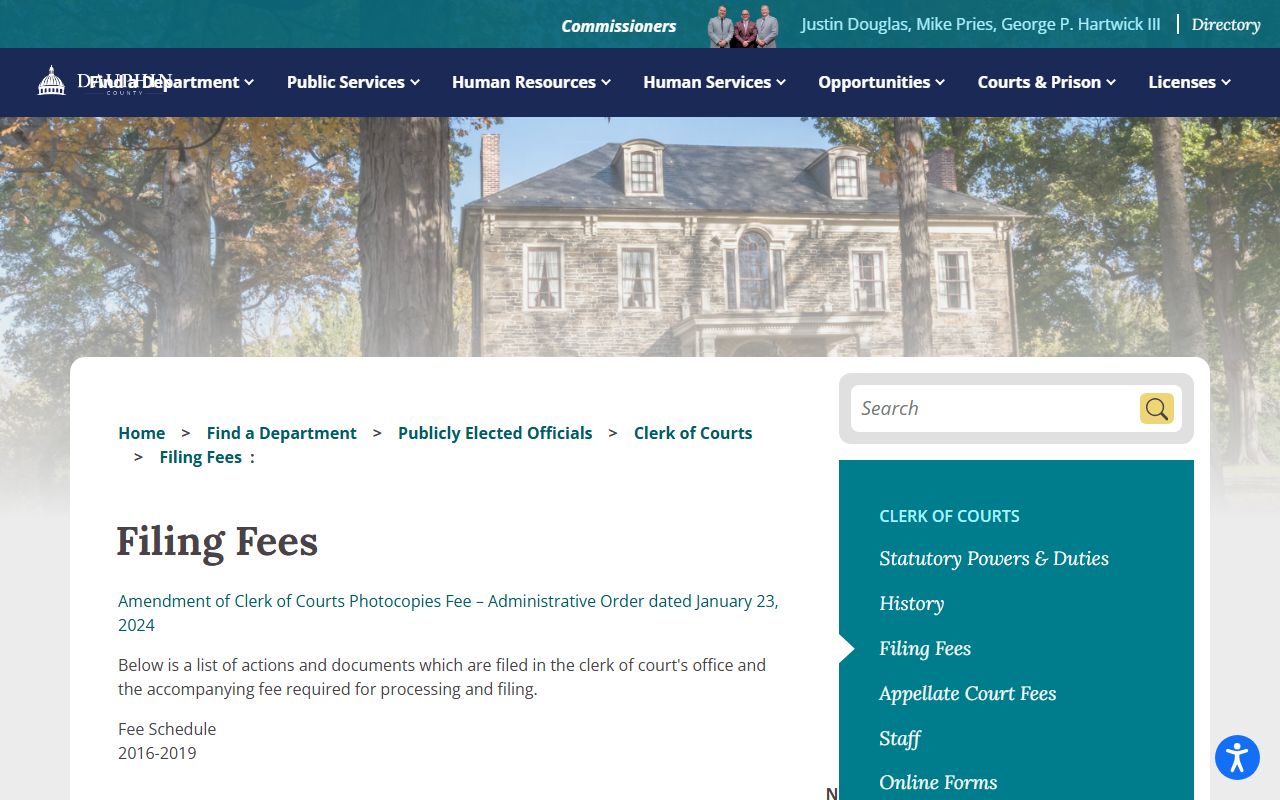 Dauphin County Clerk of Courts filing fees page