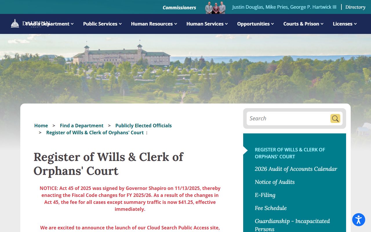 Dauphin County marriage and divorce records Register of Wills and Clerk of Orphans' Court page