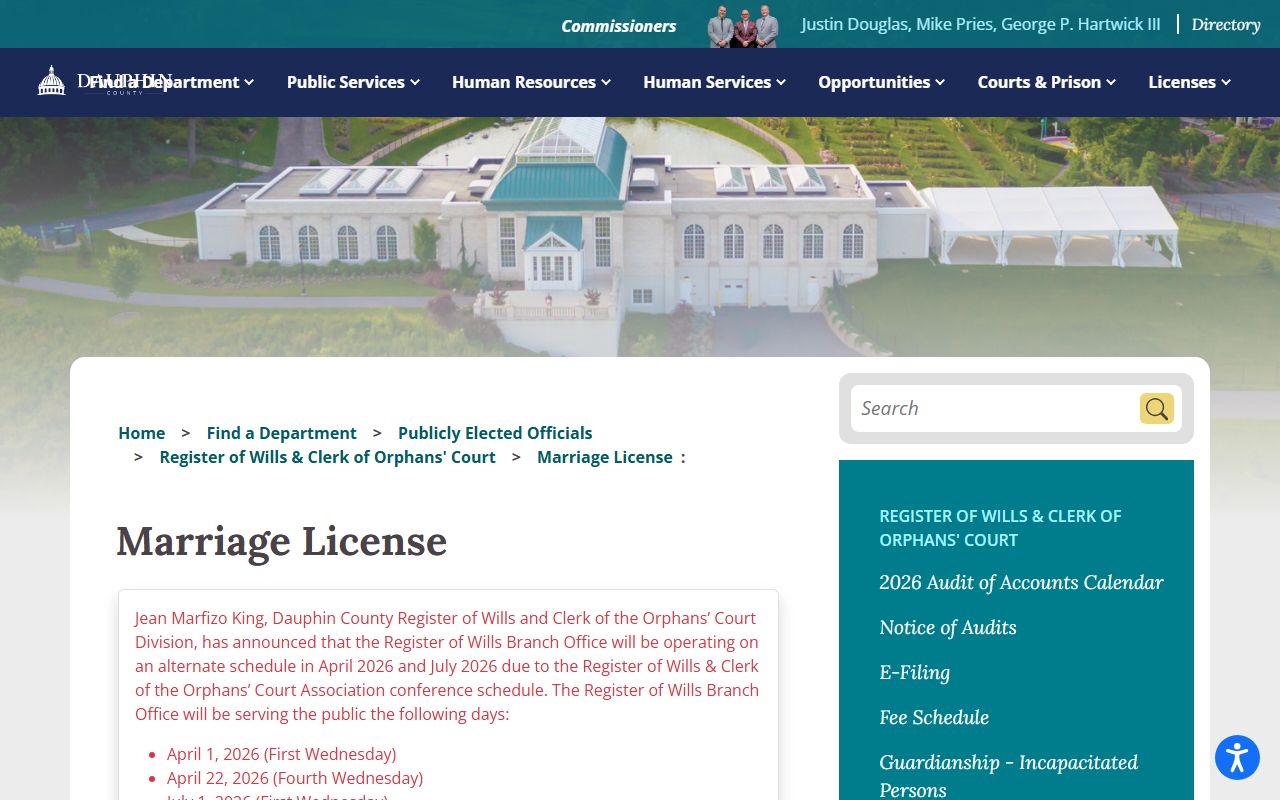 Dauphin County marriage and divorce records marriage license information page