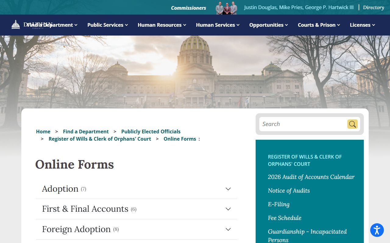 Dauphin County marriage and divorce records Register and Orphans' Court forms page