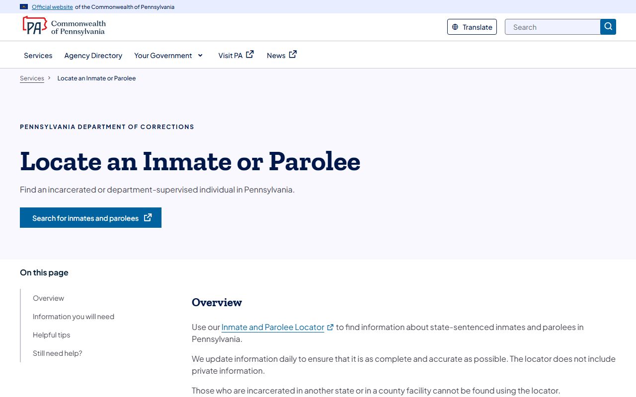 Dauphin County released inmates PA DOC locate an inmate or parolee service